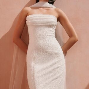 Lulus Catriona White Beaded Cowl Neck Strapless Maxi Dress (NWT)